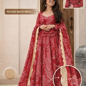 Pinkmint Women's Bandhani Print Flared Anarkali Muslin Kurta