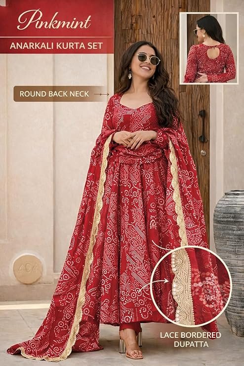 Pinkmint Women's Bandhani Print Flared Anarkali Muslin Kurta